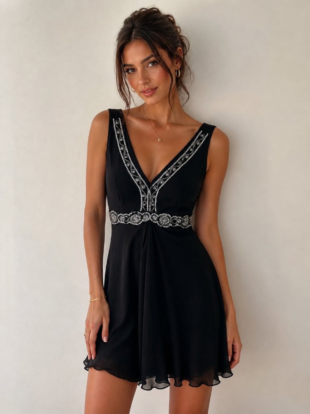 Vintage Eva Blue Black Beaded V-Neck Cocktail Dress Size 10 Y2K Party Mini